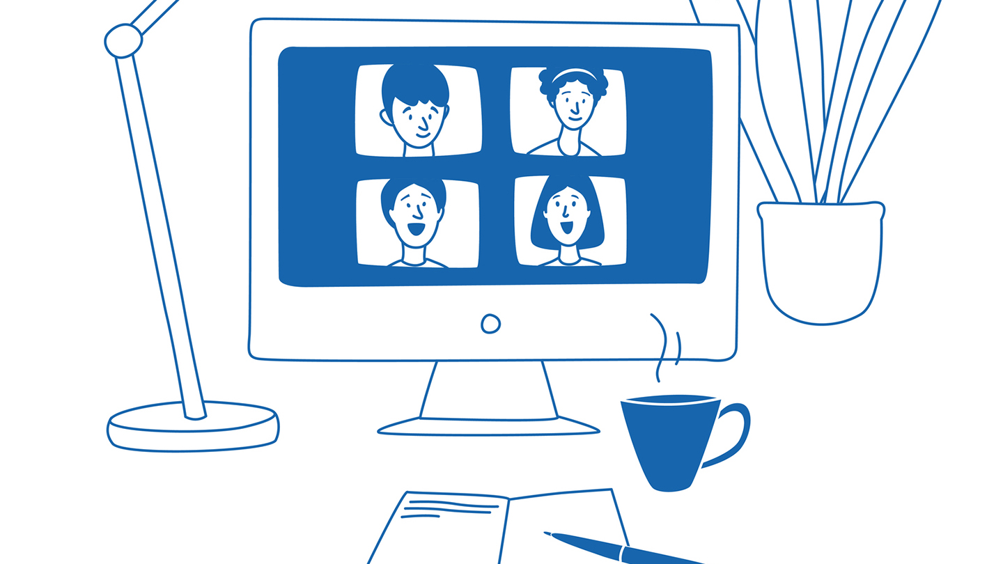 piirroskuva webinaarista tietokoneen ruudulla