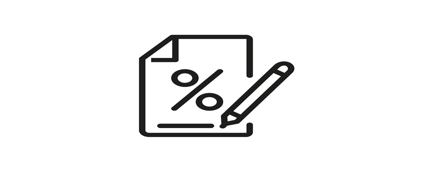 Piirroskuvassa sopimuslomake kynä ja prosenttimerkki