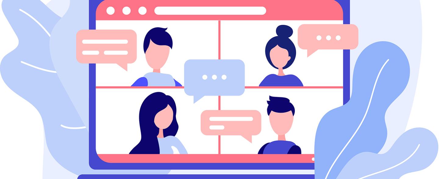 Piirroskuva webinaarin osallistujista kannettavan tietokoneen ruudulla