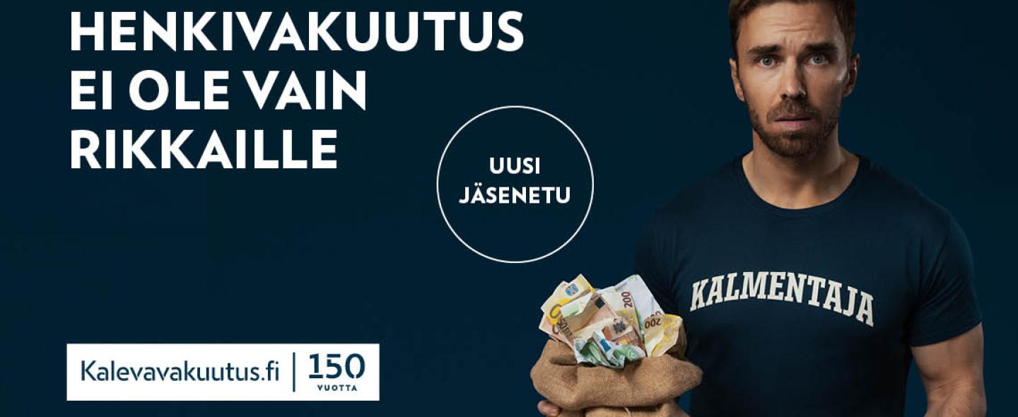 Keski-ikäinen mies Kalevan henkivakuutuksen mainosbannerissa