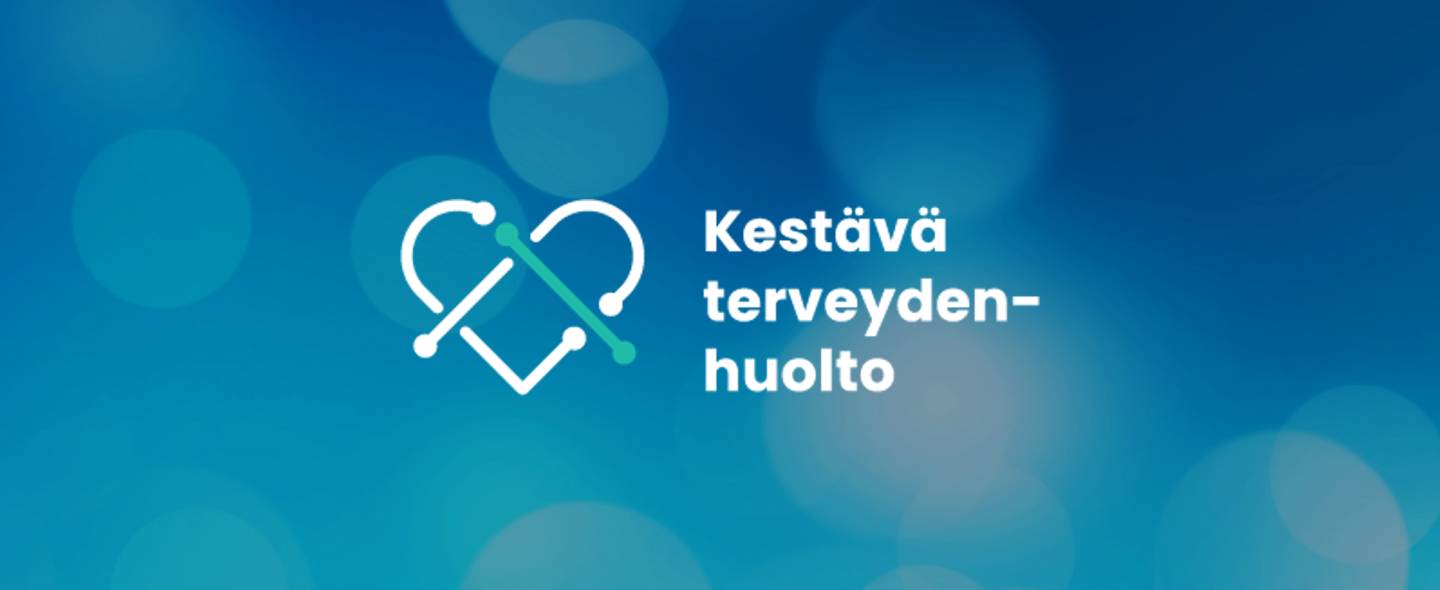 Kestävä terveydenhuolto verkoston tunnus sinisellä taustalla
