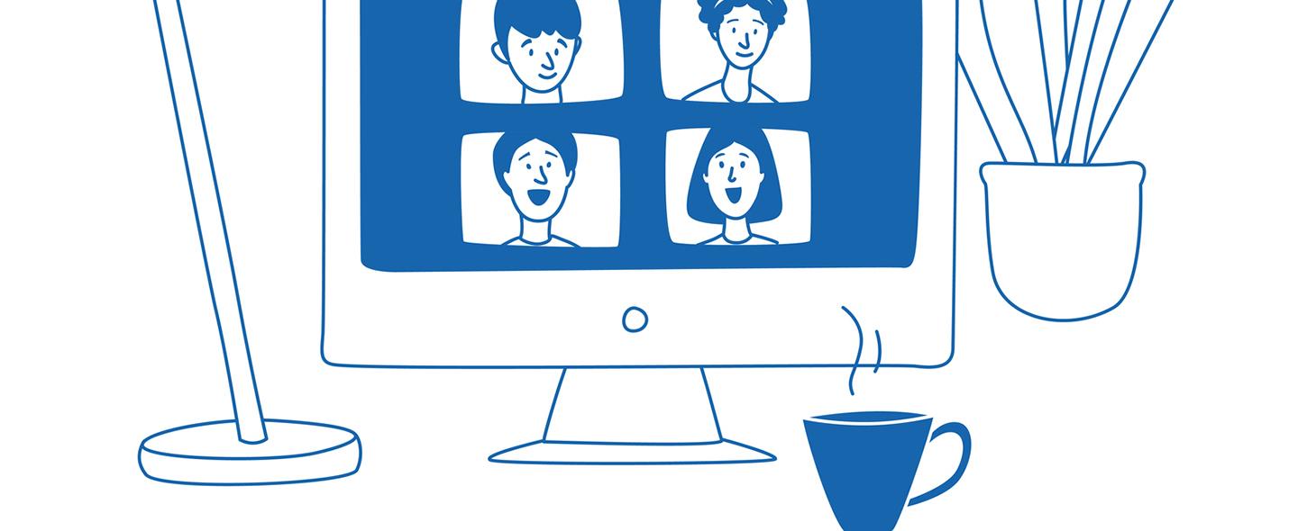 piirroskuva webinaarista tietokoneen ruudulla