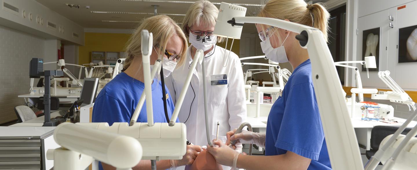 Kaksi hammaslääketieteen opiskelijaa harjoittelee opetusklinikalla opettajan kanssa.