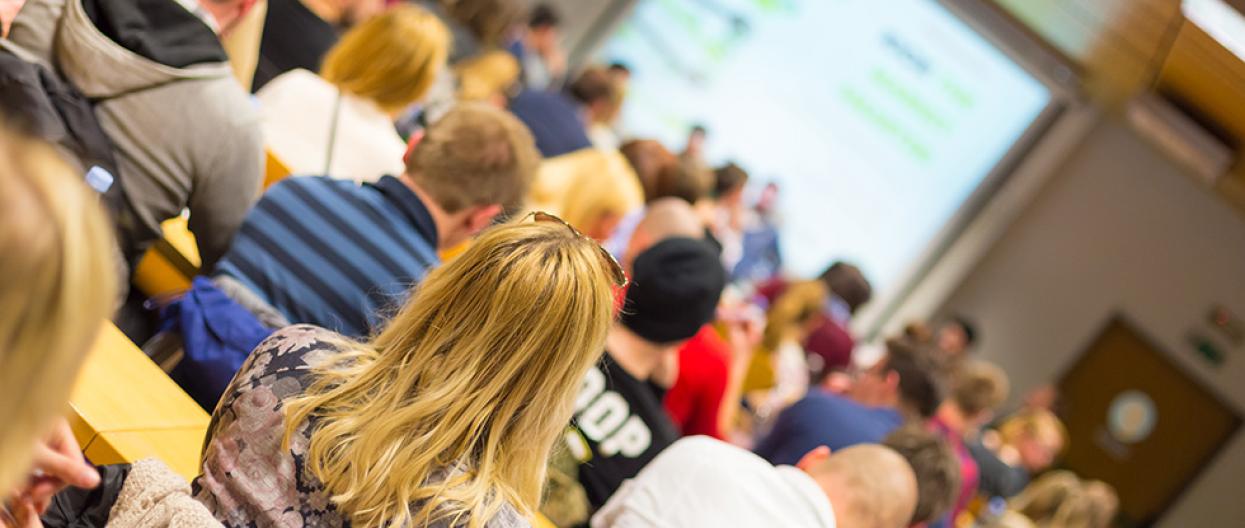 Opiskelijoita istumassa luentosalissa