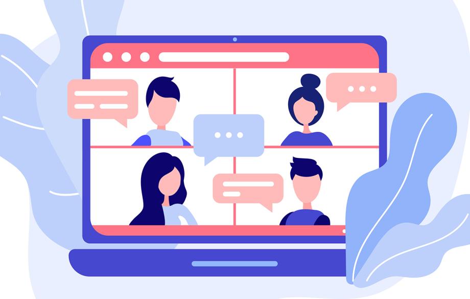 Piirroskuva webinaarin osallistujista kannettavan tietokoneen ruudulla