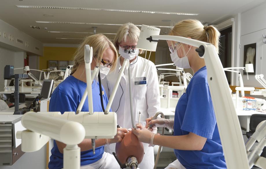 Kaksi hammaslääketieteen opiskelijaa harjoittelee opetusklinikalla opettajan kanssa.