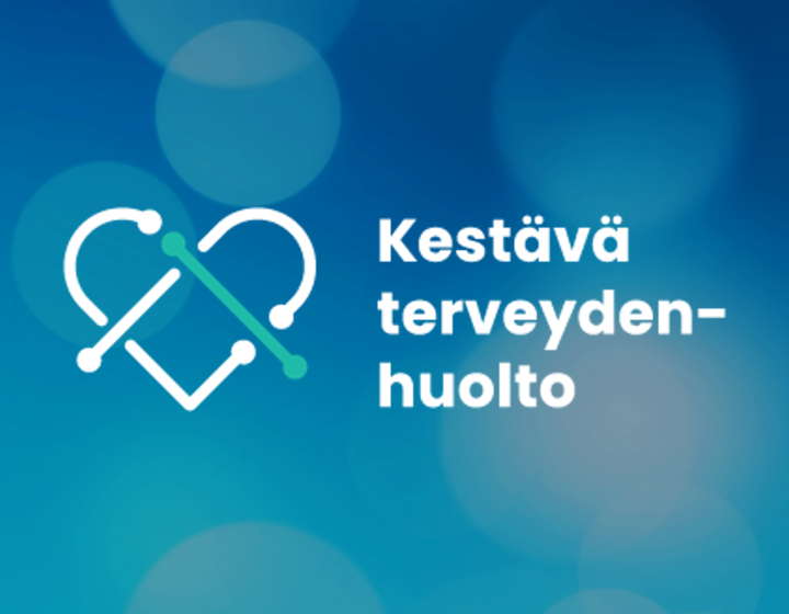 Kestävä terveydenhuolto verkoston tunnus sinisellä taustalla