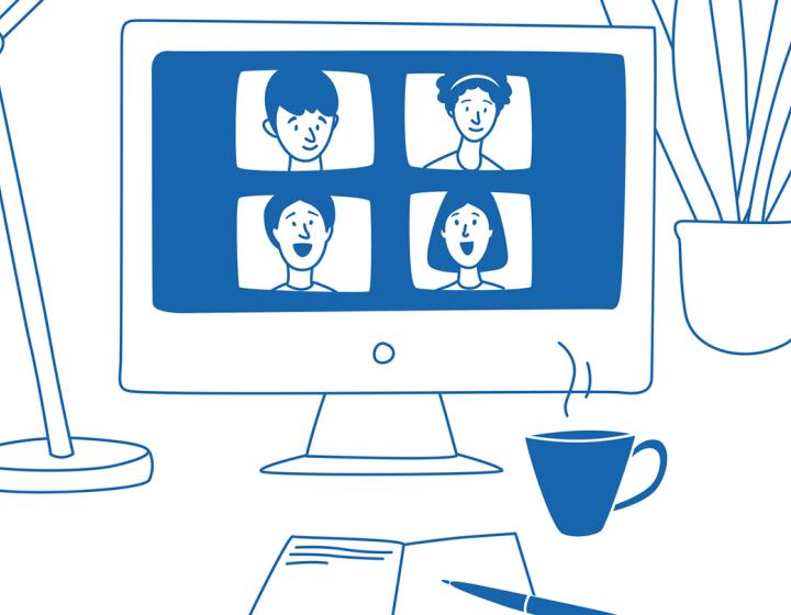 piirroskuva webinaarista tietokoneen ruudulla